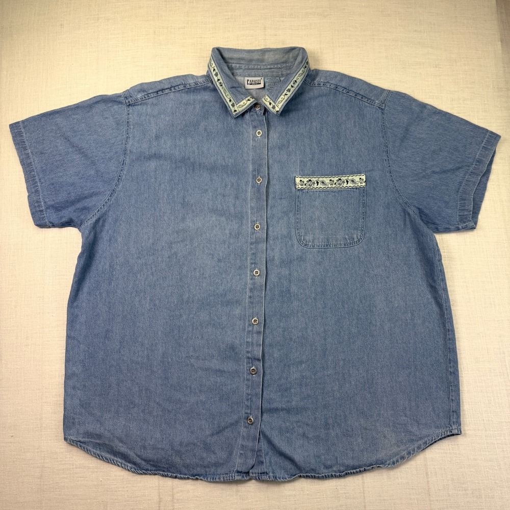 VTG 80s CAPACITY Denim Shirt Floral Blue Women's 2XL Embroidered Button Down Top